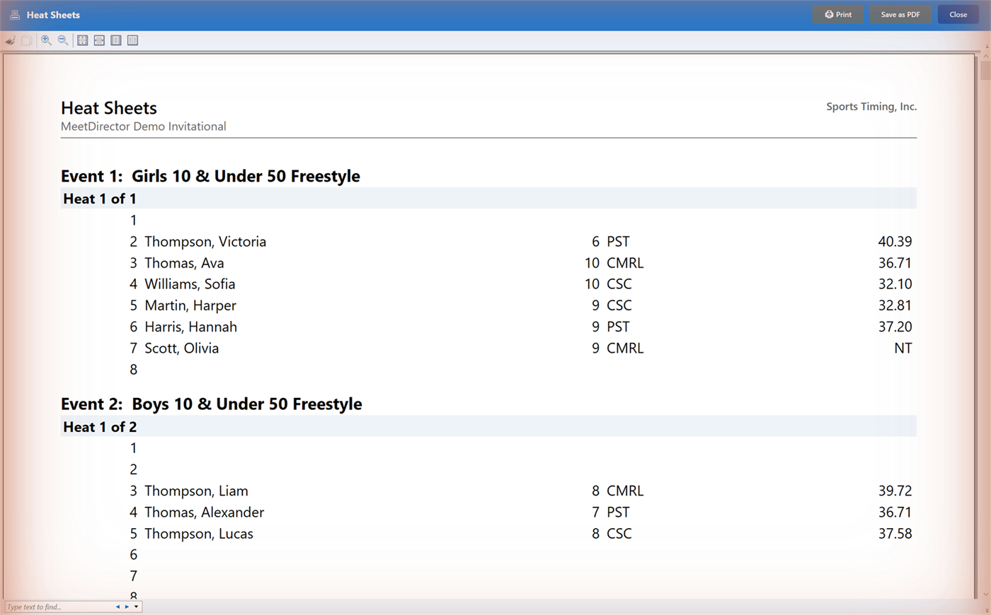 A heat sheet preview: each event with its heats, lanes, swimmers, teams and seed times, ready to print or save as PDF
