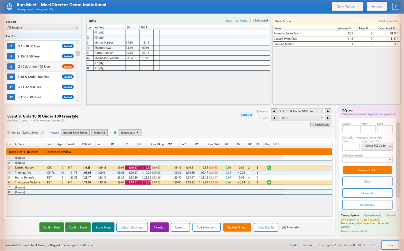 The Run screen for a 100 freestyle: splits for each lane above the grid, with two backup times flagged for review
